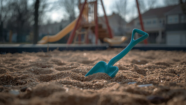 砂場に小さなスコップが残り誰もいない遊具が静かな朝の公園