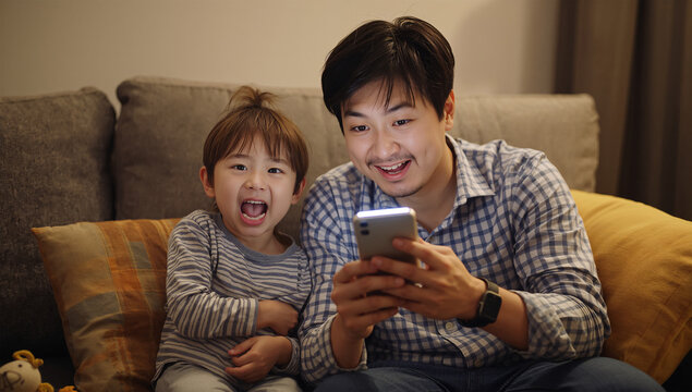 親子で変顔をしながらスマホの顔認証を試す休日