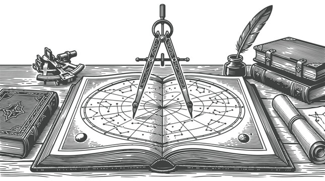 Vintage Compass Rose Map With Navigational Tools.