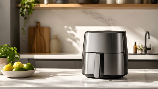 Sleek metallic air fryer on modern kitchen counter, healthy cooking appliance concept with fresh vegetables, soft morning light and clean home lifestyle mood