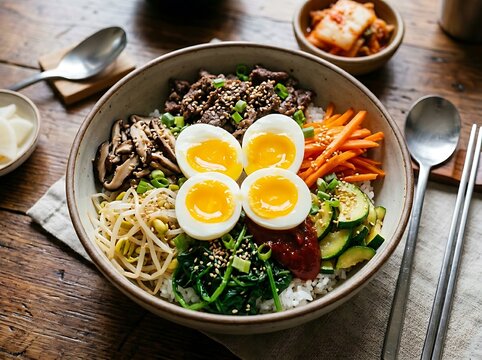 Delicious Korean Bibimbap dish with rice, vegetables, beef, and a soft-boiled egg on top