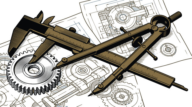 Vintage mechanical gears with engineering blueprint drafting tools.