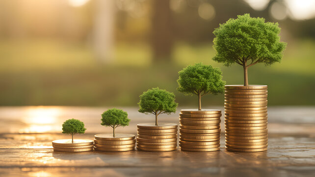 Five stacks of golden coins arranged in ascending order, each topped with a small green tree, set on a wooden surface at sunset