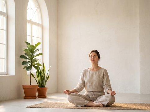 Woman in linen clothing meditating in lotus position on a woven mat in a minimalist sunlit room with potted plants