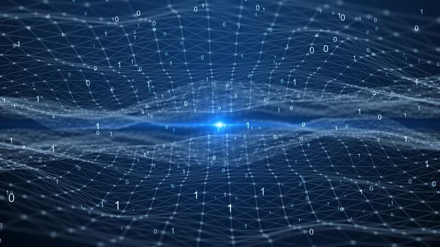 Digital blue particle wave mesh with falling binary numbers on dark technology background.