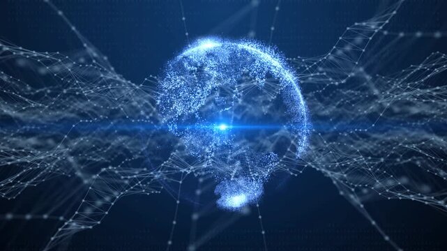 Global communication network technology concept, 3D cyberspace earth hologram with binary code matrix.