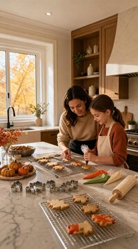 Parent and child baking cookies in modern kitchen