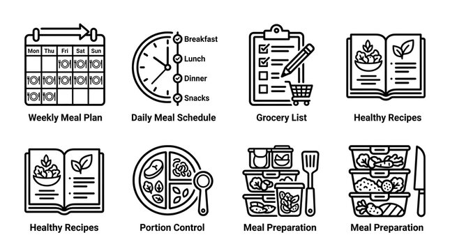 Meal Planning and Healthy Preparation Icon Set