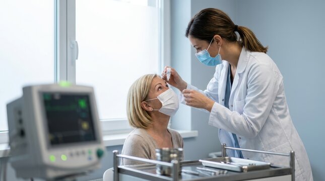 Ophthalmologist applying eye drops on senior patient during routine eye examination.