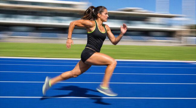 Female Sprinter Running on Track with Motion Blur
