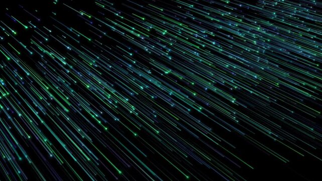 Abstract background with many small streaks of light particles moving quickly across a dark background, creating a sense of motion and speed.