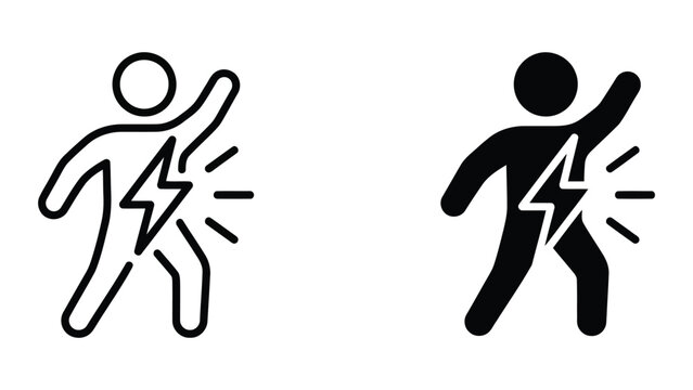 Human figure with lightning bolt symbol indicating pain or energy boost in medical flat vector icon set for healthcare digital design projects and clinical health infographics in black and white