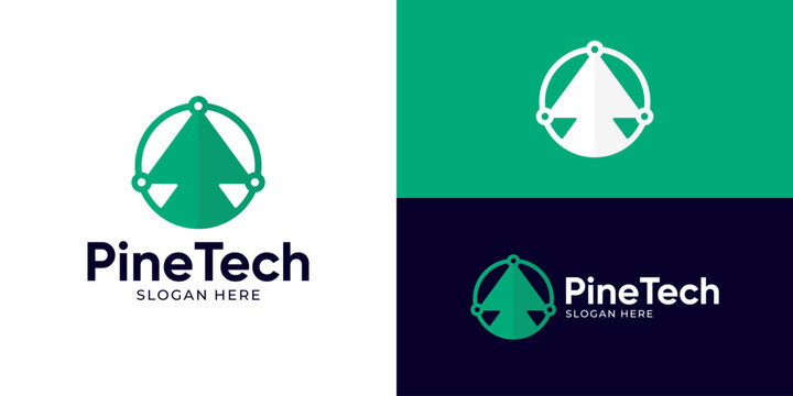 Creative modern pine tech logo template. Abstract pine tree with technology symbol logo design vector illustration.