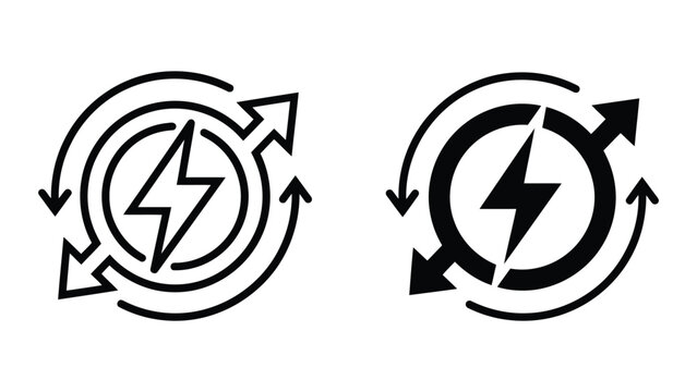 Energy cycle circular arrows icon with central lightning bolt for renewable power and sustainable electricity concepts in flat vector line and solid design for eco branding