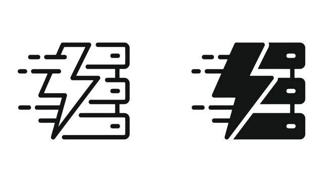 High speed server network icon with lightning bolt and motion lines representing fast data processing in both outline and solid black vector graphic styles for modern IT infrastructure branding