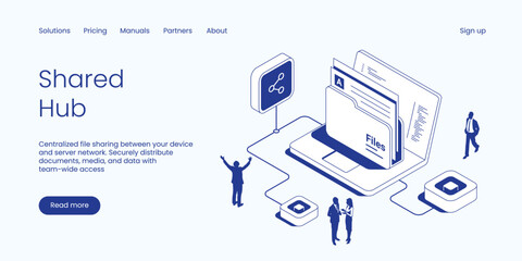Shared Hub, Centralized File Sharing Between Devices and Server Network with Secure Distribution for Team-Wide Access. Technology Isometric 3d Line Vector Illustration. © shendart