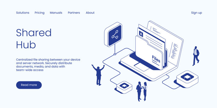Shared Hub, Centralized File Sharing Between Devices and Server Network with Secure Distribution for Team-Wide Access. Technology Isometric 3d Line Vector Illustration.