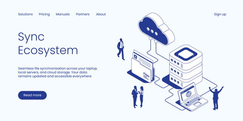 Sync Ecosystem, Seamless File Synchronization Across Laptop, Local Servers and Cloud Storage for Data Accessibility. Technology Isometric 3d Line Vector Illustration. © shendart