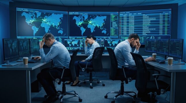 Cyber Workforce Skills Gap concept. Stressed analysts in a dark network operations control room