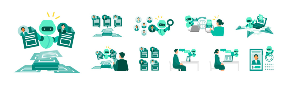 Modern HR recruitment flat illustration set showcasing AI interview solutions and smart candidate screening processes designed for seamless corporate workflow optimization.