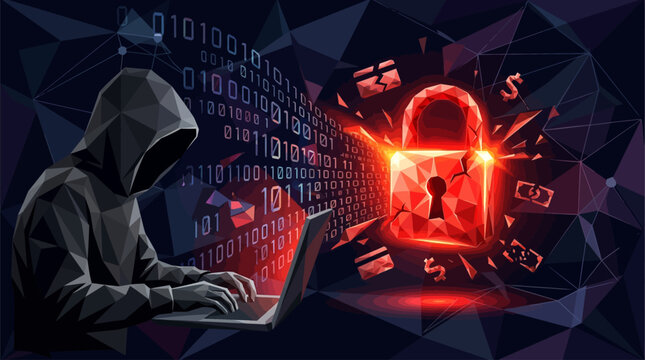 Cyber security threat concept with hacker silhouette in low poly style. Glowing red lock icon on dark digital background symbolizes online fraud and cyber attack danger. Vector illustration
