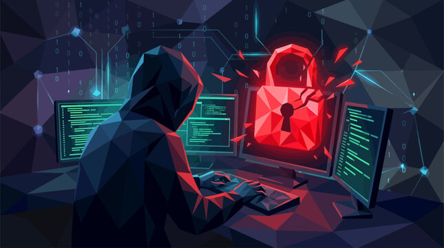 Cyber security threat concept with hacker silhouette in low poly style. Glowing red lock icon on dark digital background symbolizes online fraud and cyber attack danger. Vector illustration