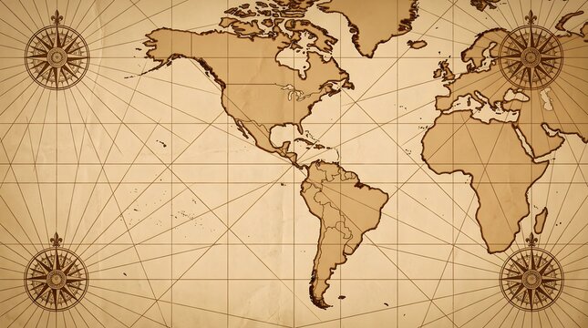 Detailed vintage world map featuring intricate nautical compass roses on a textured aged paper background surface