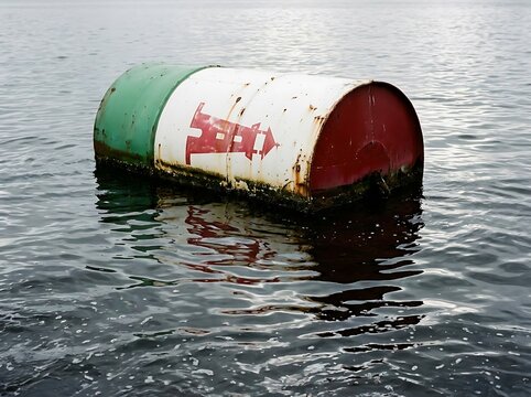 Rusty barrel floating in water for environmental pollution concept