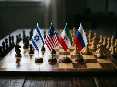 Flags of Israel, USA, Iran, and Russia on a chessboard representing geopolitical economy