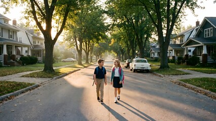Fototapeta premium Young students, a boy and a girl, walk down a sun-drenched, tree-lined residential street, carrying backpacks on their hopeful journey to school