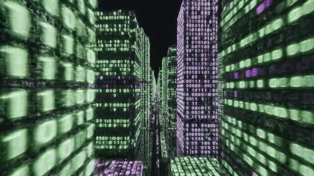 Futuristic digital cityscape made of green binary code data.