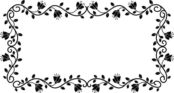 Elegant vintage black floral frame with decorative tulips swirl vines leaves and ornamental border for wedding invitation greeting card vector illustration