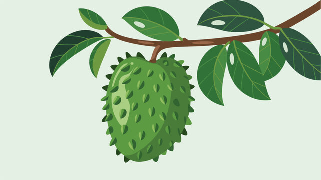 Green spiky soursop fruit hanging from a leafy branch, isolated on a light background for botanical studies, tropical fruit concepts, and healthy eating photography.