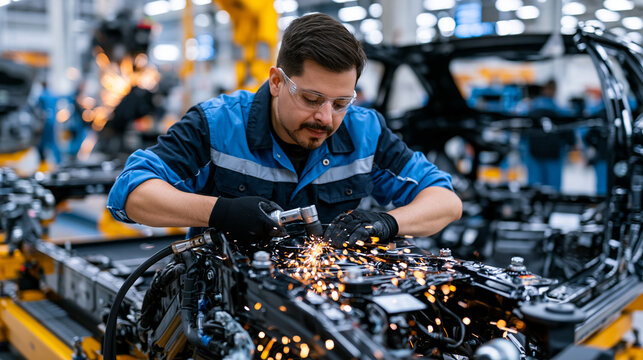 Automotive assembly technician torques a suspension subframe onto a half-built vehicle body on an elevated jig platform, safety glasses fogged slightly from the nearby welding bay where sparks arc a
