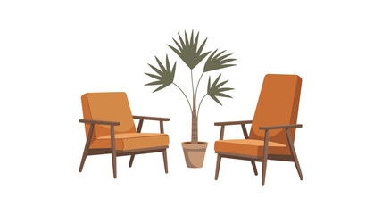 Fototapeta premium Two orange armchairs with wooden legs and a potted palm plant creating a mid-century interior look for home and office furniture marketing concepts.