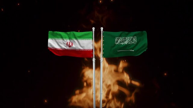 Iranian and Saudi Arabian flags waving in intense fiery motion