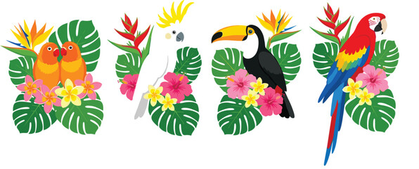 Beautiful exotic bird and plant assortment featuring parrots toucan with lush jungle leaves and flowers © MDSabbir