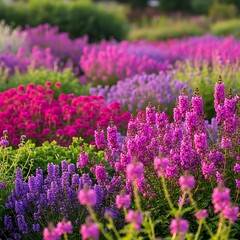 Obraz premium Vibrant Field of Blooming Purple and Pink Flowers in Soft Sunlight.