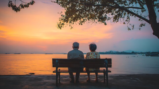 Elderly couple sitting on a bench watching a beautiful sunset over the ocean.