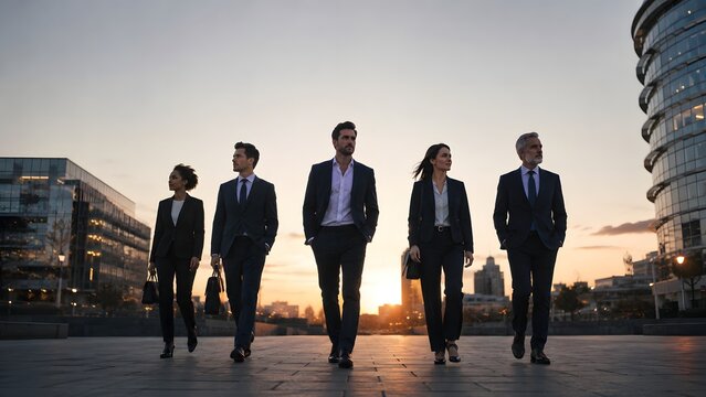Confident business team walking together in modern city at sunset, professional corporate leadership group with urban office skyline and teamwork success concept