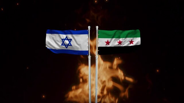 Israel and Syria flags waving amidst roaring flames and smoke