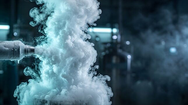 Cold nitrogen gas erupting from a pressurized industrial nozzle in a lab
