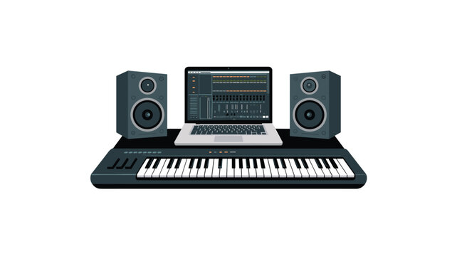 Digital audio workstation mixer interface on laptop screen positioned between studio speakers and MIDI keyboard controller for music production studio setup.