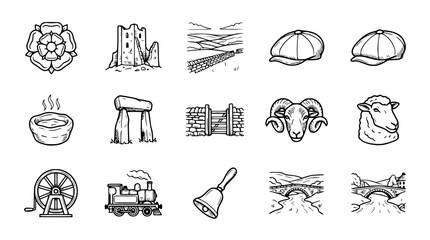 English Countryside Icons: Rose, Castle, Sheep, Train, Stone Circle, Hats © Quntul