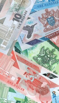 Trinidad and Tobago dollar money banknotes bunch on table. Trinidad and Tobago bills of TTD currency