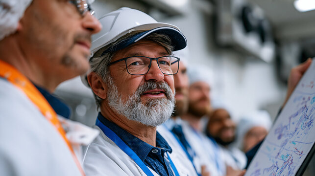 Food processing facility supervisor reviews a HACCP corrective action report with a diverse team of floor leads gathered around a wall-mounted whiteboard inside a temperature-controlled dairy packag
