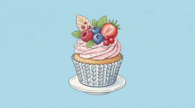 Colorful berry-topped cupcake on striped wrapper isolated bright background