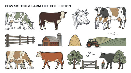 Farm Life Collection: Hand-Drawn Cows, Barn, Tractor and Rural Scenery © nad