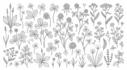 Hand-drawn botanical illustration of wildflowers and herbs, vintage sketch collection © nad
