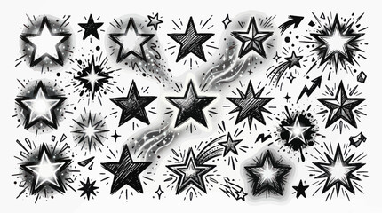 Hand-drawn starbursts and shooting stars, doodle art, black and white © nad